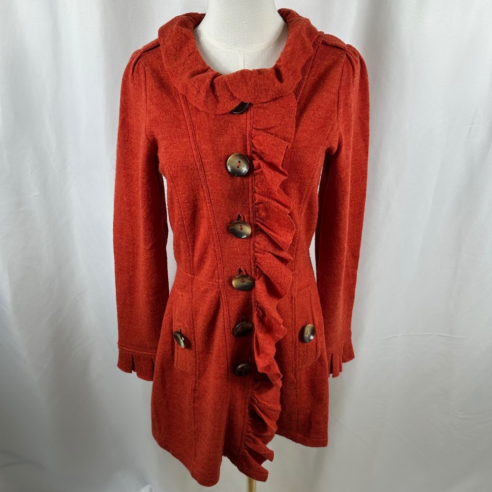 Charlie & Robin Cardigan NWT Womens XS Burnt Orange 100% Wool Ruffle Longline